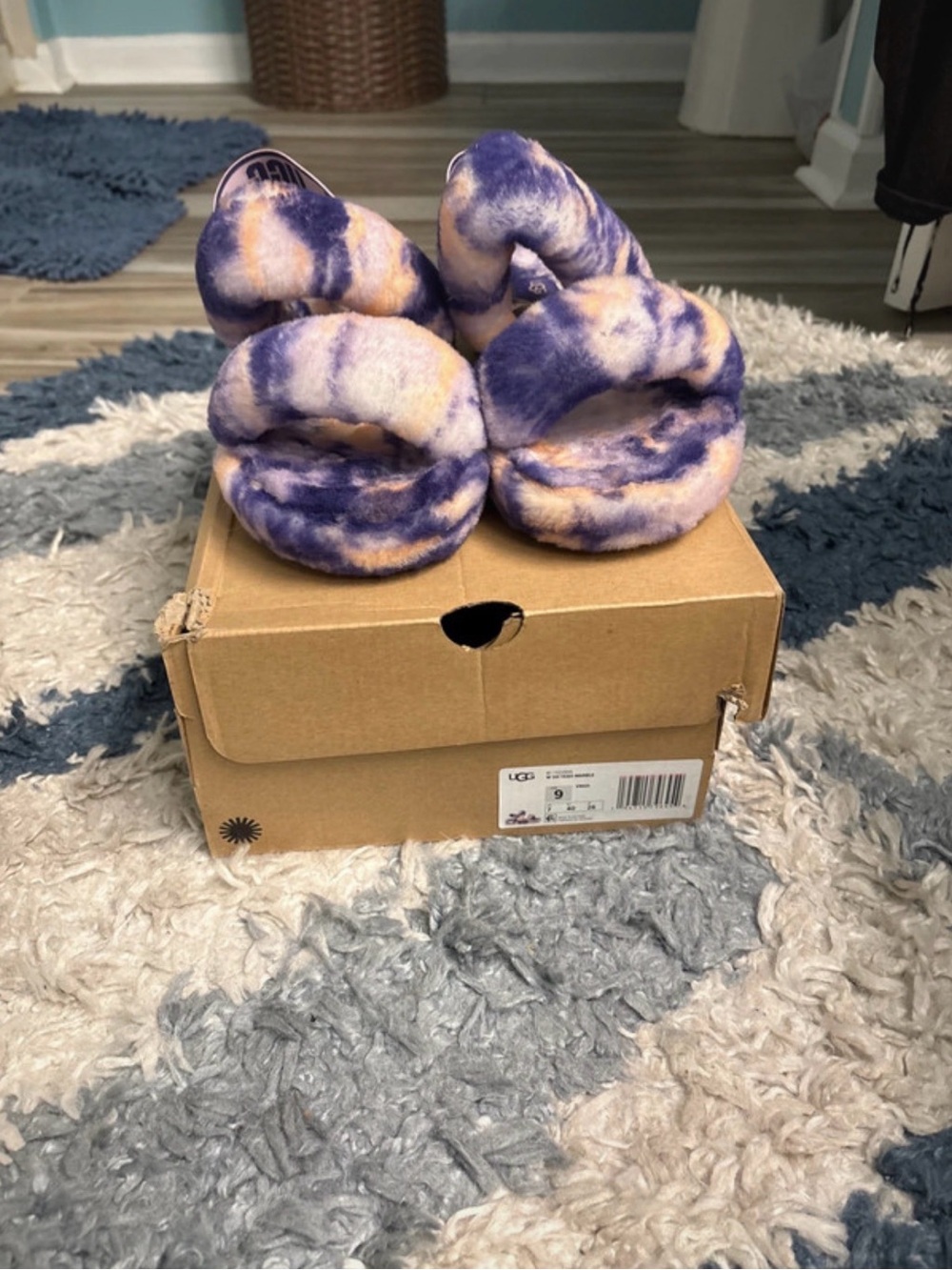 UGG Kids Plush Tie-Dye Purple & Cream Slide Slippers